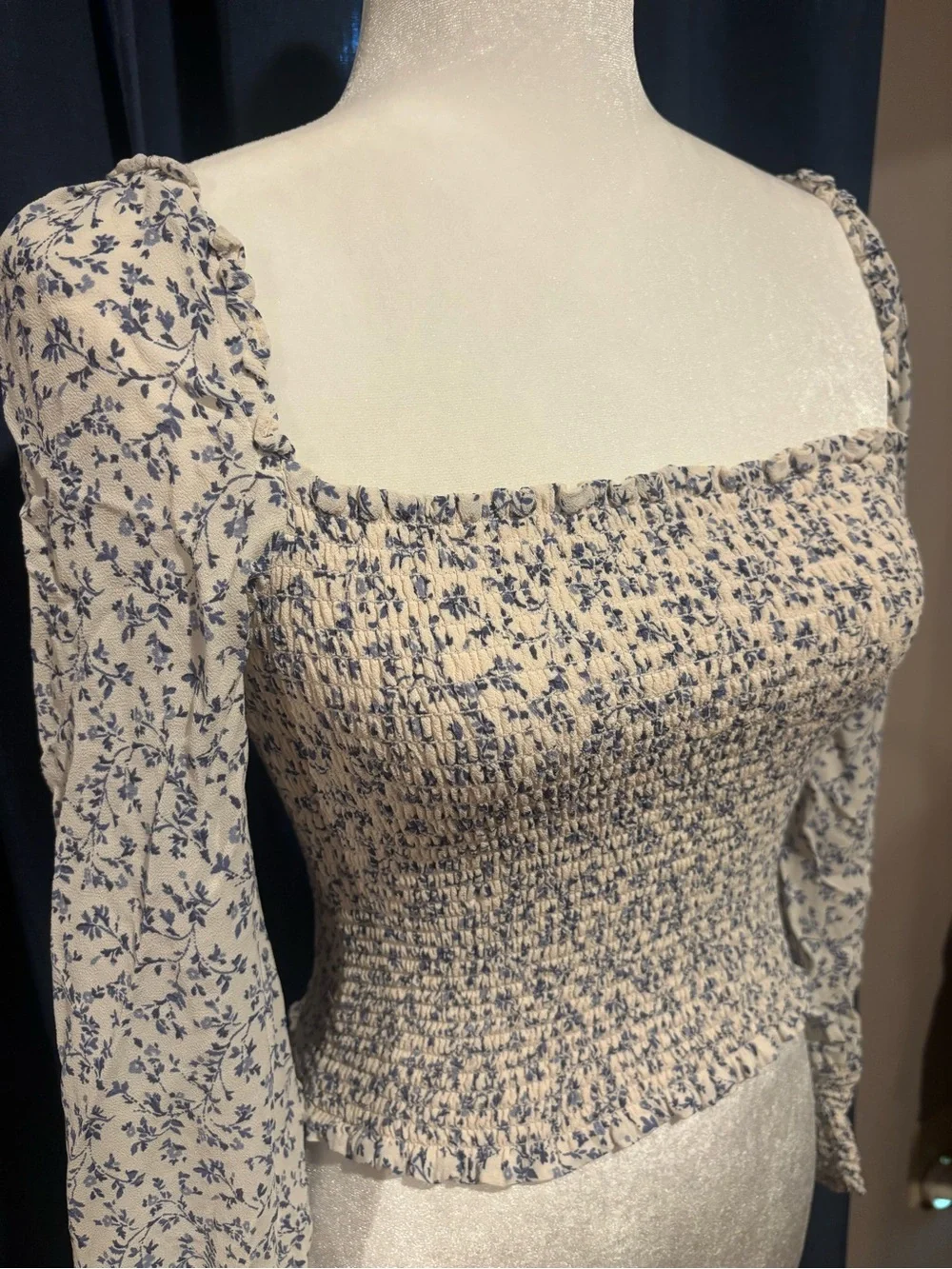 Reformation Cream Blouse with Blue Floral Print